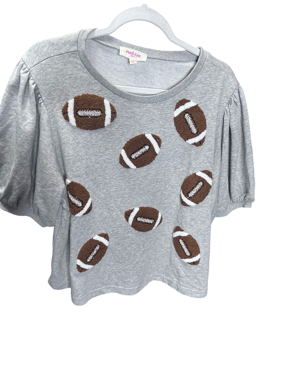 Peach Love California Gray Puff-Sleeve Football Appliqué Tee - Picture 2 of 6
